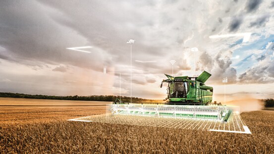 Ceifeira-debulhadora num campo com sobreposição holográfica de grelha de colheita com ícones de software.