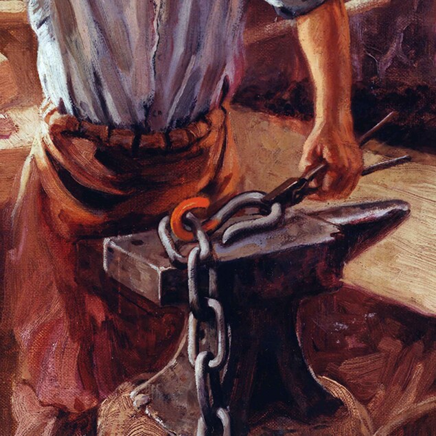 Pintura de John Deere trabalhando na ferraria por Walter Haskell Hinton