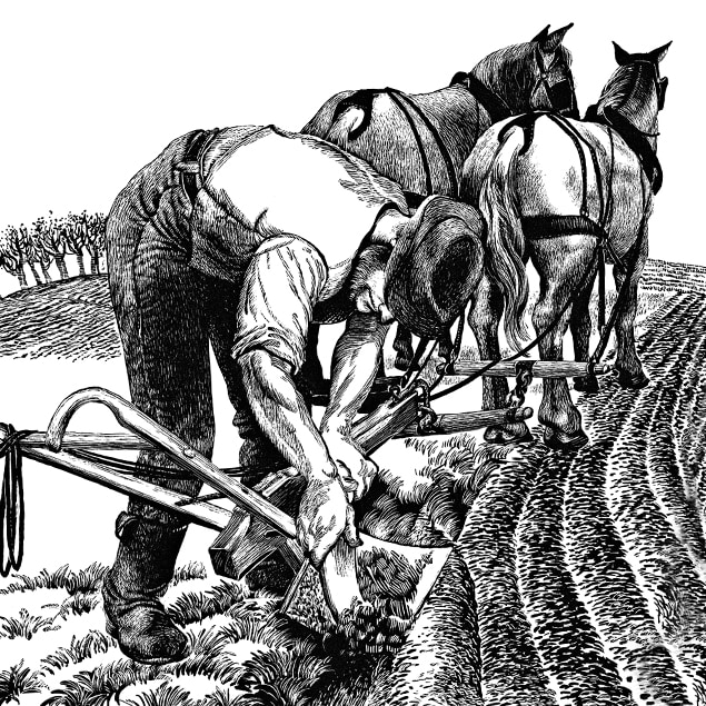 Desenho mostrando um fazendeiro raspando sujeira do arado de aço