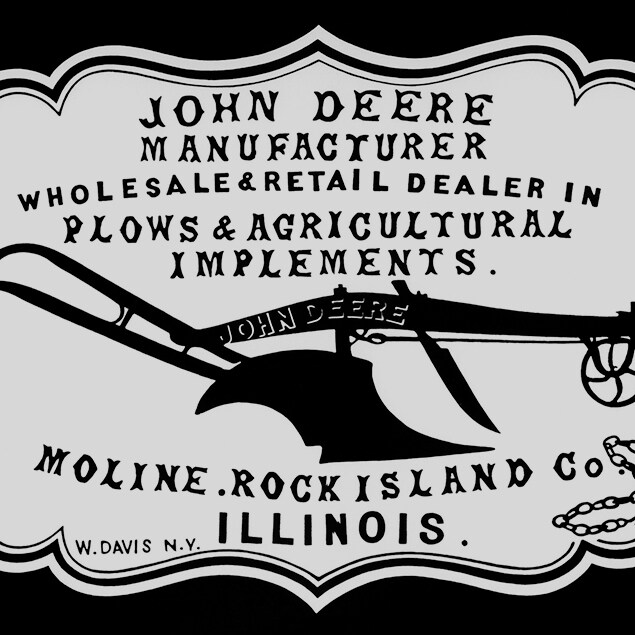 Um anúncio histórico de loja de 1855, “Fabricante John Deere, loja de atacado e varejo de implementos agrícolas e arados. Moline, Rock Island Co. Illinois”