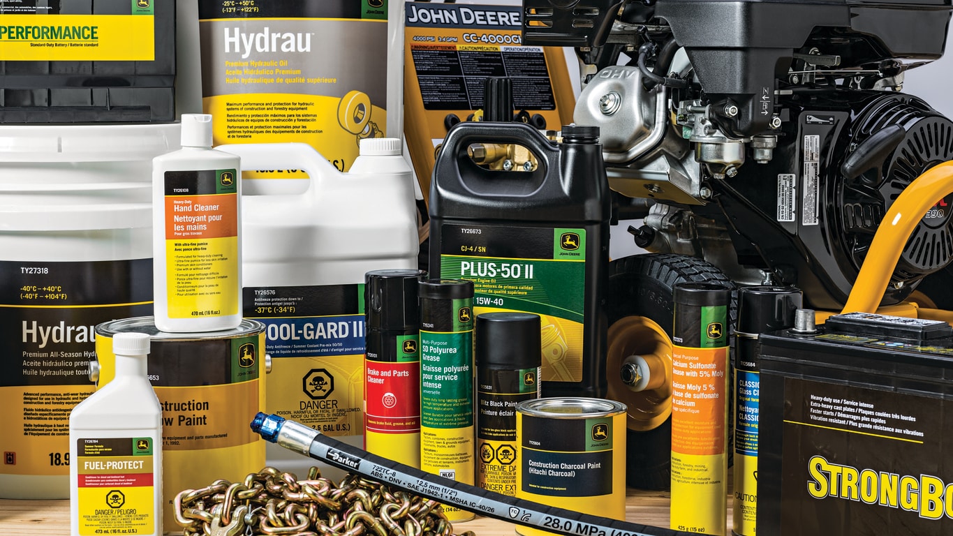 Variedade de peças de manutenção e fluidos da John Deere