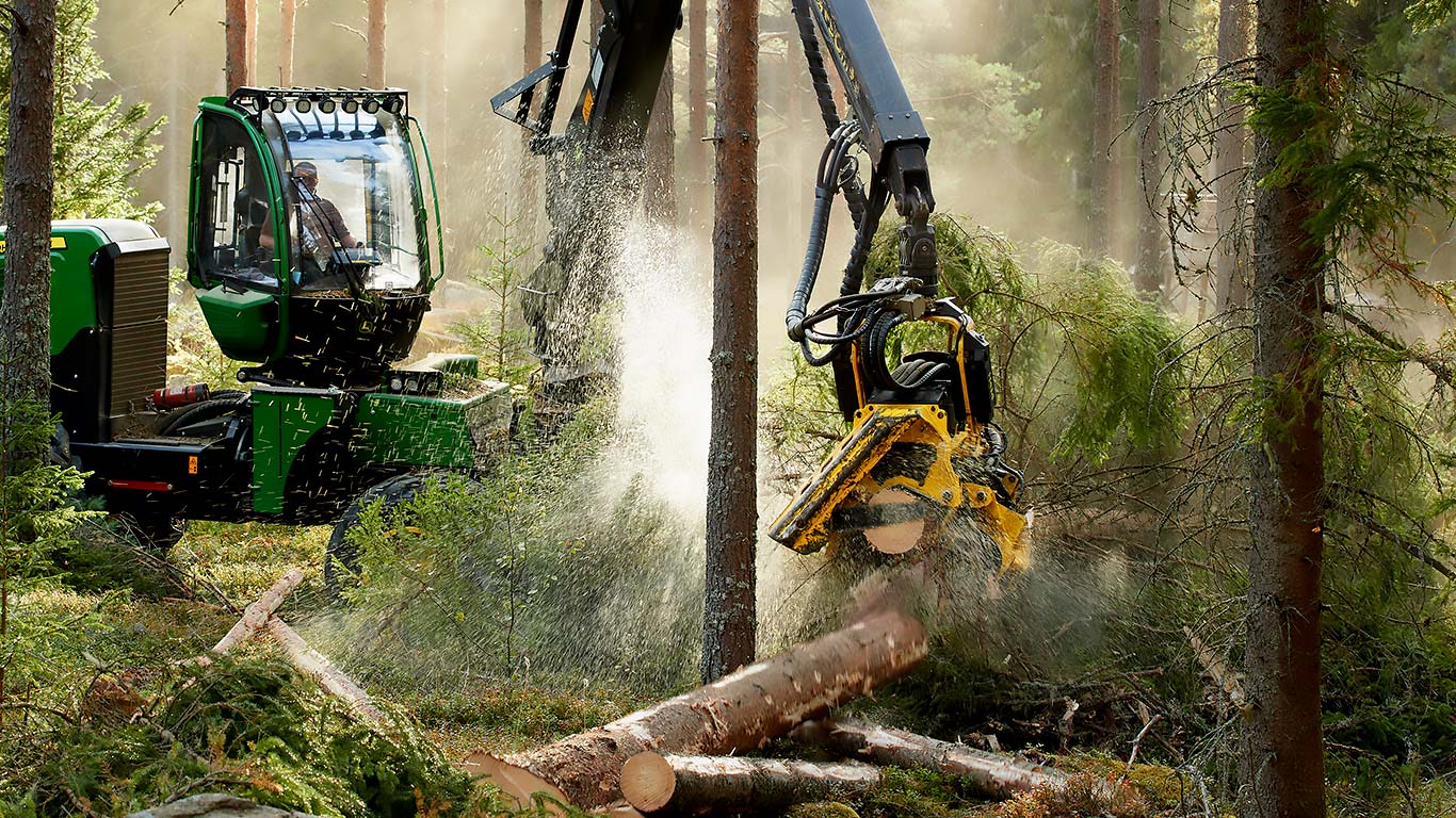 A picadora está a trabalhar numa floresta